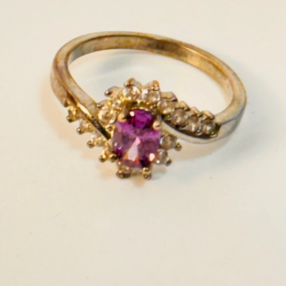 Ring Purple Oval Stone Silver Tone Bypass Halo Statement Boho Whimsygoth Size 7